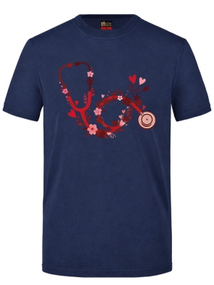 Blumen-Stethoskop Bedrucktes Kurzarm T-Shirt in Navyblau (100% Baumwoll-Jersey)