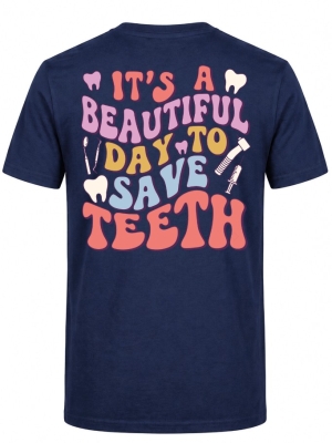 Save Teeth Baskılı Kısa Kol Lacivert Tişört (%100 Pamuk Penye Kumaş)