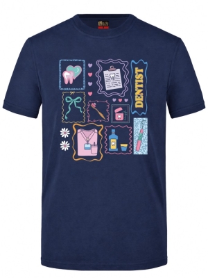 Zahnarzt-Welt Bedrucktes Kurzarm T-Shirt in Navyblau (100% Baumwoll-Jersey)