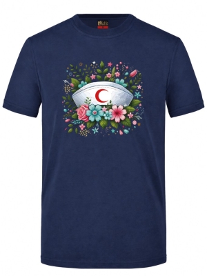 Botanische Schwesternhaube Bedrucktes Kurzarm T-Shirt in Navyblau (100% Baumwoll-Jersey)