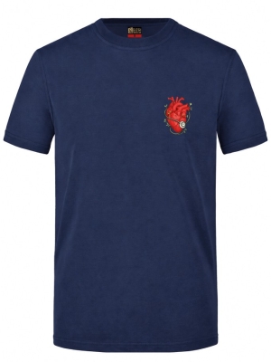 Anatomisches Herz und Stethoskop Bedrucktes Kurzarm T-Shirt in Navyblau (100% Baumwoll-Jersey)