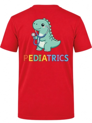 Pediatrics Dino Baskılı Kısa Kol Kırmızı Tişört (%100 Pamuk Penye Kumaş)