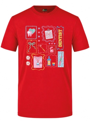 Zahnarzt-Welt Bedrucktes Kurzarm T-Shirt in Rot (100% Baumwoll-Jersey)