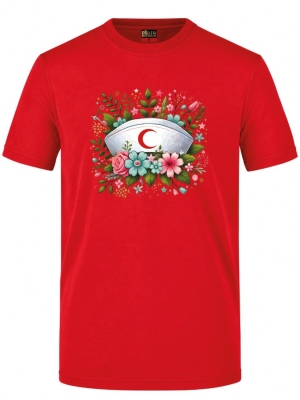 Botanische Schwesternhaube Bedrucktes Kurzarm T-Shirt in Rot (100% Baumwoll-Jersey)