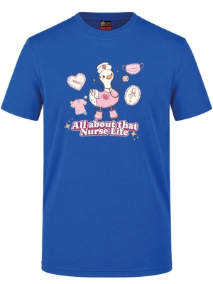 Nurse Life Baskılı Kısa Kol Saks Mavisi Tişört (%100 Pamuk Penye Kumaş)