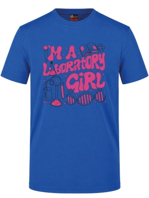 Laboratory Girl Baskılı Kısa Kol Saks Mavisi Tişört (%100 Pamuk Penye Kumaş)