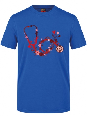 Blumen-Stethoskop Bedrucktes Kurzarm T-Shirt in Saxe-Blau (100% Baumwoll-Jersey)