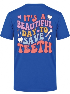Save Teeth Baskılı Kısa Kol Saks Mavisi Tişört (%100 Pamuk Penye Kumaş)