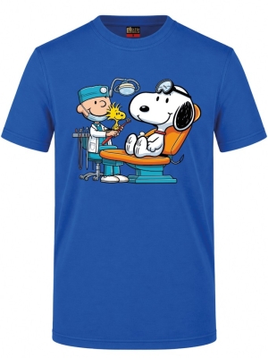 Sevimli Diş Hekimi Karikatür Baskılı Kısa Kol Saks Mavisi Tişört (%100 Pamuk Penye Kumaş)
