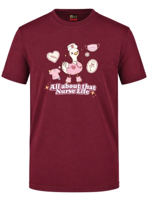 Nurse Life Baskılı Kısa Kol Bordo Tişört (%100 Pamuk Penye Kumaş)