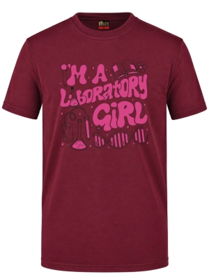 Laboratory Girl Baskılı Kısa Kol Bordo Tişört (%100 Pamuk Penye Kumaş)