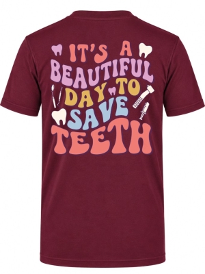 Save Teeth Baskılı Kısa Kol Bordo Tişört (%100 Pamuk Penye Kumaş)