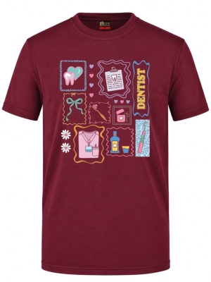Zahnarzt-Welt Bedrucktes Kurzarm T-Shirt in Bordeaux (100% Baumwoll-Jersey)