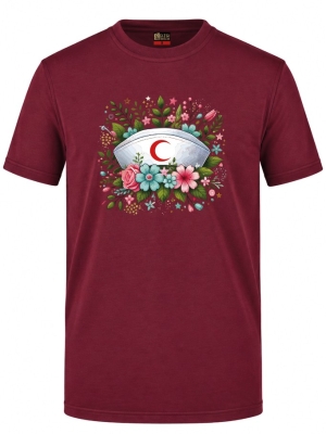 Botanische Schwesternhaube Bedrucktes Kurzarm T-Shirt in Bordeaux (100% Baumwoll-Jersey)