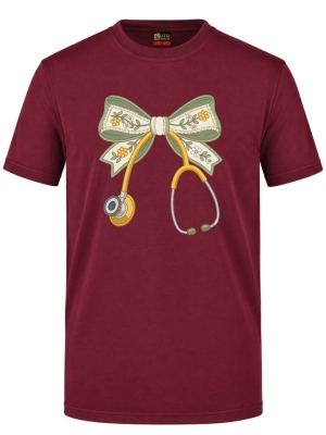 Blumenschleife und Stethoskop Bedrucktes Kurzarm T-Shirt in Bordeaux (100% Baumwoll-Jersey)