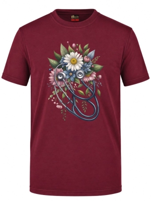 Botanik Steteskop Baskılı Kısa Kol Bordo Tişört (%100 Pamuk Penye Kumaş)