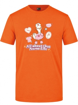 Nurse Life Baskılı Kısa Kol Turuncu Tişört (%100 Pamuk Penye Kumaş)