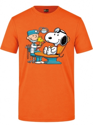 Sevimli Diş Hekimi Karikatür Baskılı Kısa Kol Turuncu Tişört (%100 Pamuk Penye Kumaş)