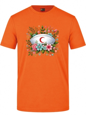 Botanische Schwesternhaube Bedrucktes Kurzarm T-Shirt in Orange (100% Baumwoll-Jersey)