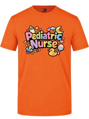 Pädiatrie-Krankenschwester Bedrucktes Kurzarm T-Shirt in Orange (100% Baumwoll-Jersey)