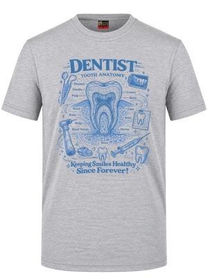 Vintage Diş Anatomisi Baskılı Kısa Kol Gri Melanj Tişört (%100 Pamuk Penye Kumaş)