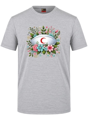 Botanische Schwesternhaube Bedrucktes Kurzarm T-Shirt in Grau meliert (100% Baumwoll-Jersey)