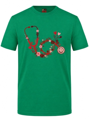 Blumen-Stethoskop Bedrucktes Kurzarm T-Shirt in Brasilgrün (100% Baumwoll-Jersey)