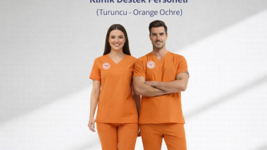 Orangefarbenes OP-Kittel-Set aus Lycra, Farbabstimmung des Gesundheitsministeriums – Orange Ochre
