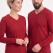 Kırmızı %100 Pamuk Penye V Yaka T-shirt Uzun Kol