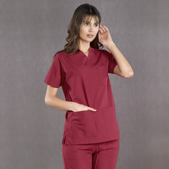 Burgundy Classic Surgical Collar Scrubs Suit (Thin Fabric)