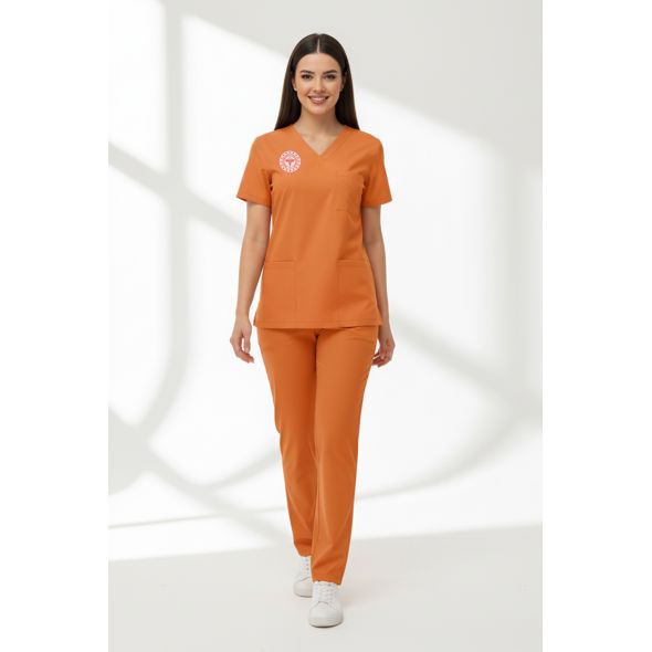 Klinik Destek Kadrosu Forması Alt Üst Scrubs Takım (Sağlık Bakanlığı 2025 Standartlarıyla Uyumlu)-Orange Ochre