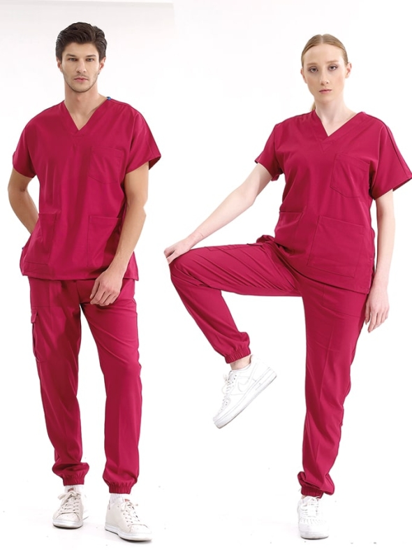 Cherry Red Jogger Doctor Nurse Medical Scrubs Set Luxury Lycra Fabric