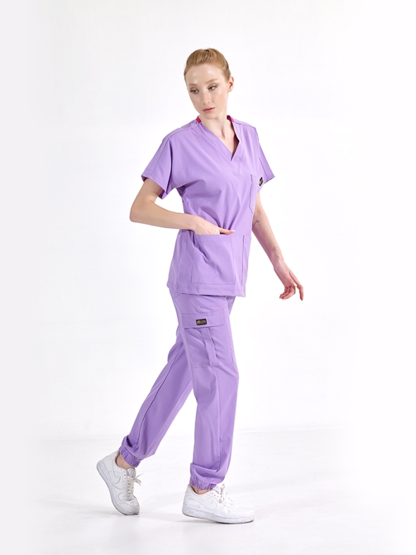 Lila Jogger Doktor Hemşire Medikal Scrubs Takım Lüks Likralı Kumaş