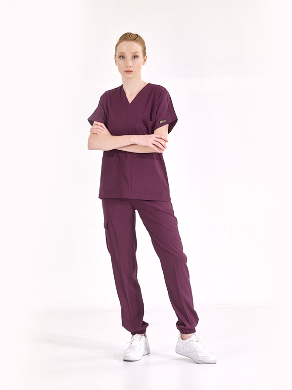 Pflaume Jogger Medizinischer Scrubs Set für Ärzte und Pflege Luxus Lycra-Stoff