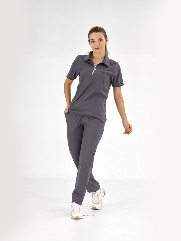 Charcoal Gray Polo Neck Doctor Nurse Medical Scrubs Set Luxury Lycra Fabric