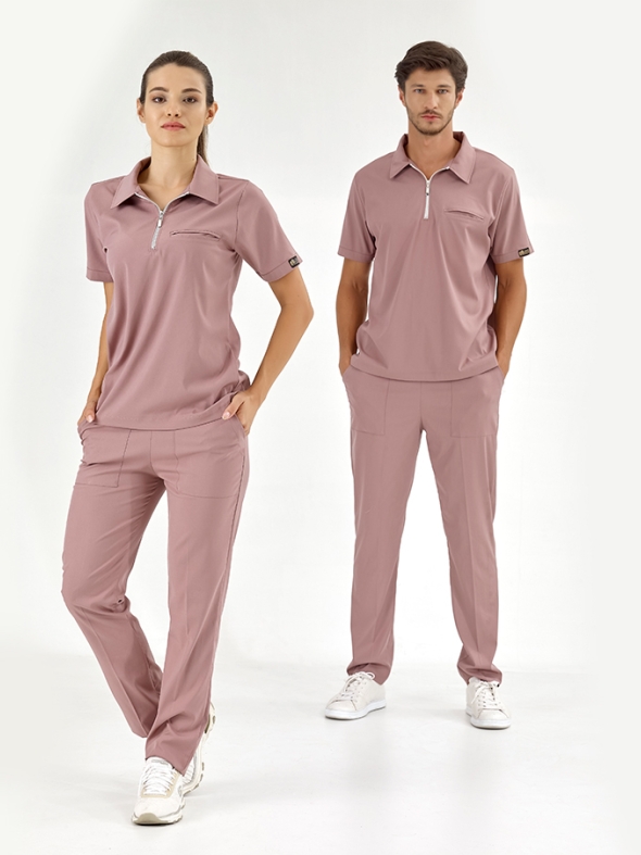 Gül Kurusu Polo Yaka Doktor Hemşire Medikal Scrubs Takım Lüks Likralı Kumaş