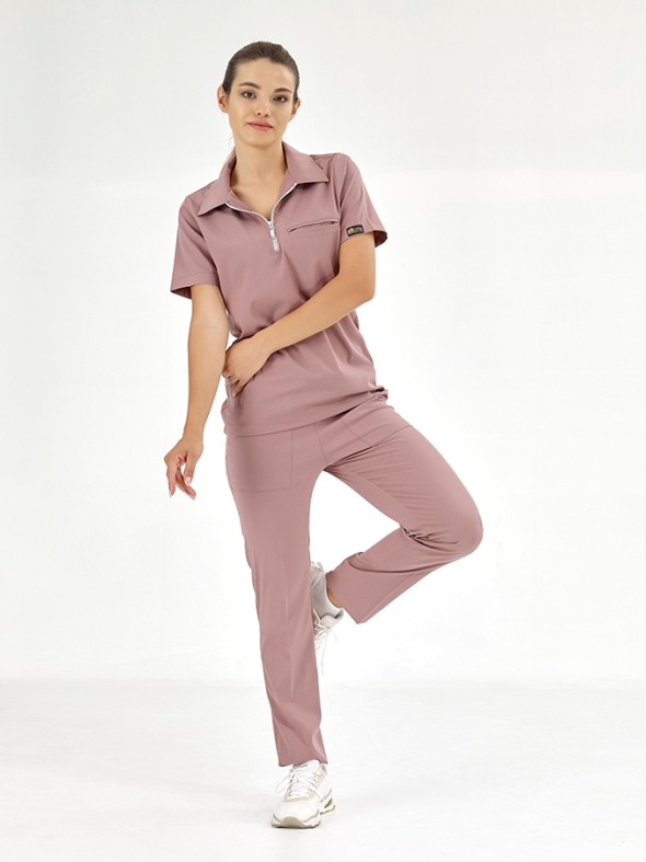 Gül Kurusu Polo Yaka Doktor Hemşire Medikal Scrubs Takım Lüks Likralı Kumaş
