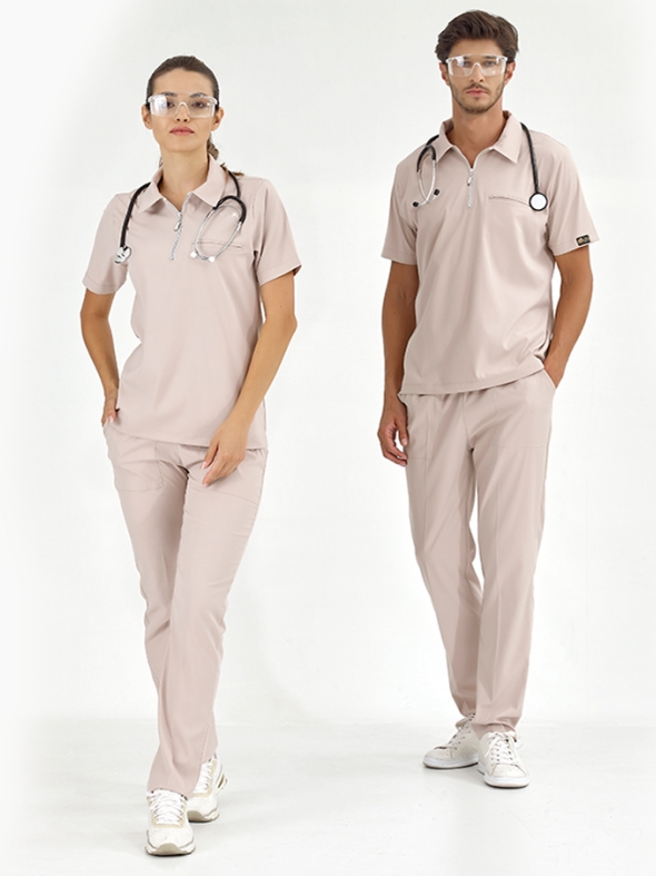Cream Polo Neck Doctor Nurse Medical Scrubs Set Luxury Lycra Fabric