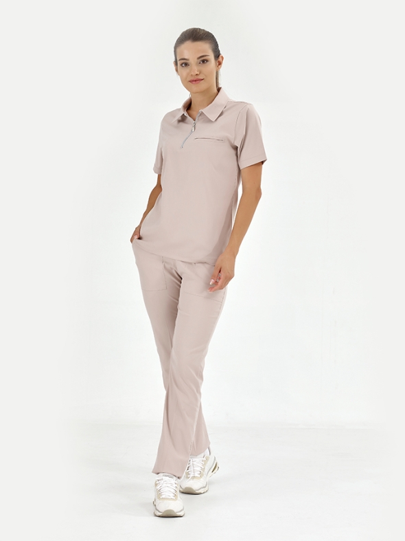 Cream Polo Neck Doctor Nurse Medical Scrubs Set Luxury Lycra Fabric