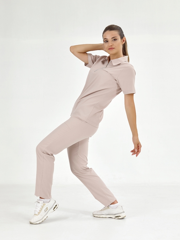 Cream Polo Neck Doctor Nurse Medical Scrubs Set Luxury Lycra Fabric