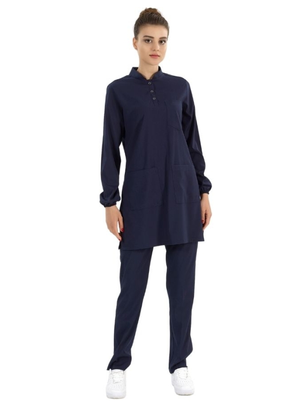 Navy Blue Modest Mandarin Collar Doctor Nurse Medical Scrubs Set Luxury Lycra Fabric