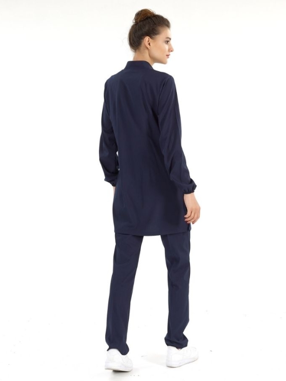 Navy Blue Modest Mandarin Collar Doctor Nurse Medical Scrubs Set Luxury Lycra Fabric
