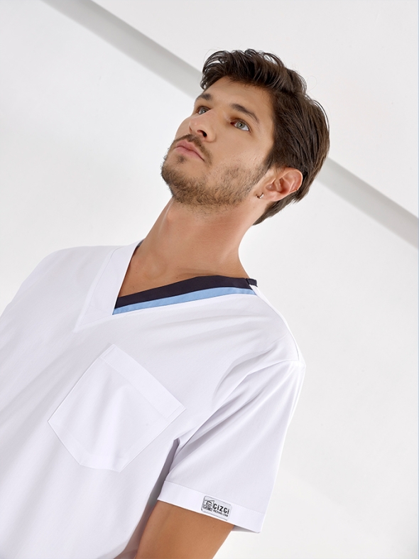 Light Blue-Navy Double Collar Doctor Nurse Medical Scrubs Top Luxury Lycra Fabric