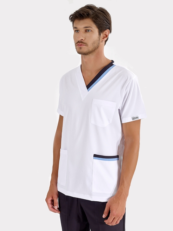 Light Blue-Navy Double Collar Doctor Nurse Medical Scrubs Top Luxury Lycra Fabric