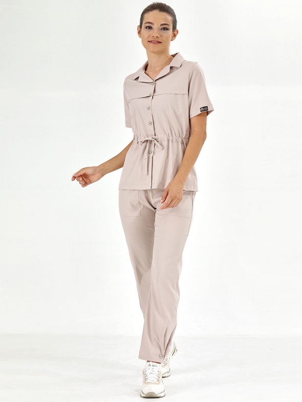 Cream Retro Women's Doctor Nurse Medical Scrubs Set Luxury Lycra Fabric
