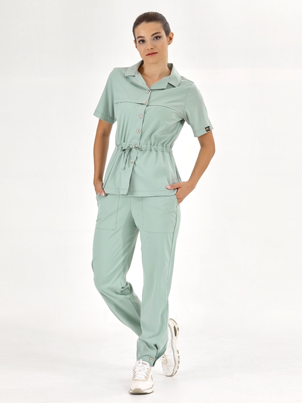 Mint Yeşili Retro Kadın Doktor Hemşire Medikal Scrubs Takım Lüks Likralı Kumaş