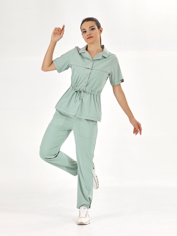 Mintgrün Retro Medizinischer Scrubs Set für Damen Luxus Lycra-Stoff