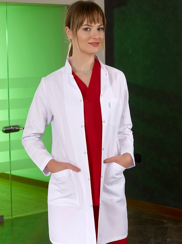 White Mandarin Collar Women's Lab Coat Alpaca Fabric