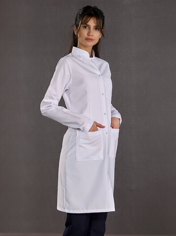 White Mandarin Collar Women's Lab Coat Alpaca Fabric