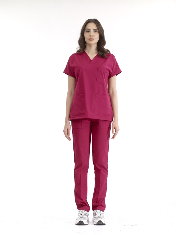 Vişne Dr. Greys Doktor Hemşire Medikal Scrubs Takım Lüks Likralı Kumaş